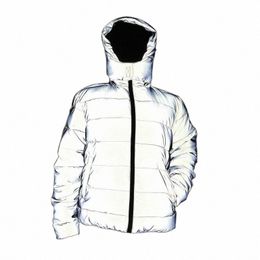 winter Warm Reflective Jacket Coat Women Men Thick Cott Padded Outwear Night Jogger Hooded Parka Big Size Hip Hop Streetwear L22D#