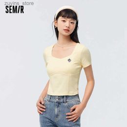 Women's T-Shirt Semir 2024 T-Shirt Women Short-Sleeved Square Collar Embroidered Casual Summer Tight Knitted Sweater Sexy New Style Tee24329