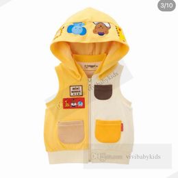 Children cartoon embroidery waistcoat boys girls patchwork color hooded sleeveless outwear 2024 spring kids designer clothes Z7415