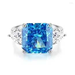 Cluster Rings 6 S925 Sterling Silver Aquamarine Ring Women's Generous High-grade Diamond Zircon