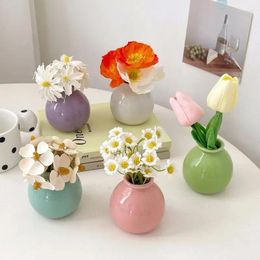 Vases Mini Ceramic Vase Colorful Wide Mouthed Round Bottle Small Flower Hydroponic Container Home Desktop Decorate Ornament