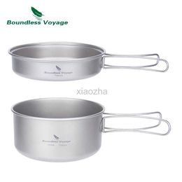 Camp Kitchen Boundless Voyage Outdoor Titanium Pot Pan Set with Folding Handles Camping Hiking Picnic Ultralight Bowl Plate 1000 500 ML 240329