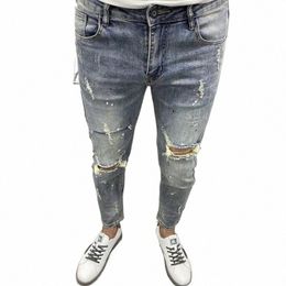 fi 2022 Spring Ripped Hole Patch Slim Feet Denim Light Color Wed Joker Tight Streetwear Men Designer Jeans for Men I8sz#