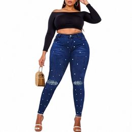 women's Plus Size Sexy Skinny Jeans ,Faux Pearl Decor Raw Hem Denim Pants 13ZD#