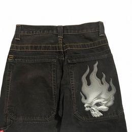 streetwear JNCO Jeans Y2K Mens Harajuku Hip Hop Skull Graphics Print Retro Black Pants Baggy Jeans High Waist Wide Leg Trousers 33ZI#