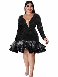 plus Size Sequins Dres V Neck Lg Sleeve Veet High Waist Patchwork Ruffles Sexy Knee Length Evening Event Party Gowns 4XL M6D0#