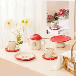 Teaware Sets 7 Pcs Hand Drawn Red Mushroom Ceramics Afternoon Tea Utensil Set Teapot Cup Cupholder Mug Dessert Dish Snack Plate CZY-Z2305S-7