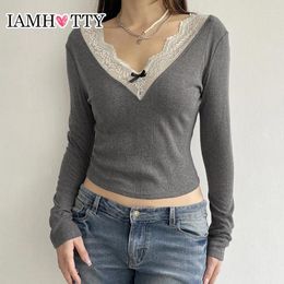 Women's T Shirts IAMTY Y2K Contrast Colour Lace Stitching V-neck T-shirts Cute Bow Slim-fit Long Sleeve Knitted Tops Fall Casual Basic