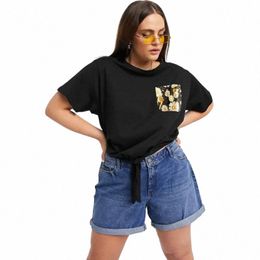 plus Size Bow Frt Summer Causal Top Floral Pocket Women Short Sleeve Black Loose T-shirt Female Large Size Tee 7XLmale Large 747b#