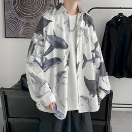 Japanese ice silk women shark print shirt long-sleeved summer jacket sun protection clothing chic couple wear Hawaiian blouse240325