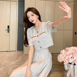 Two Piece Dress Woman's Winter Fragrance Short-sleeved Tweed Suit Skirt Retro Solid Colour Round Neck Coat A Overskirt Two-piece Set