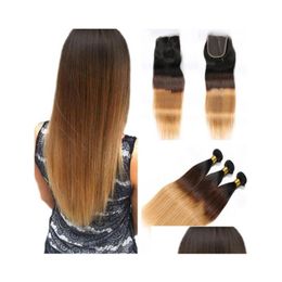 Human Hair Wefts With Closure 1B 4 27 Honey Blonde Ombre Brazilian Straight Weaves Three Tone Colored 4X4 Front Lace Drop Delivery Pro Otghe