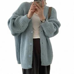 chunky Knit Cardigan for Women Pink Dusky Blue V-Neck Butt Up Cable Knit Sweater Jacket Autumn Winter Korean Fi Outfit t8QA#
