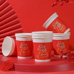 Disposable Cups Straws 50 Pcs Red Year Of Dragon Paper Lion Dance Pattern Heat-Resistant Water Thickening Not Easily Deformed