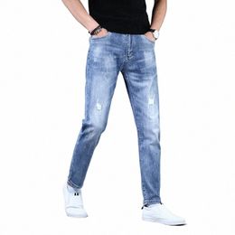 summer Men's Blue Ripped Jeans Casual Loose Straight Denim Pants A7a0#