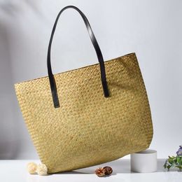 Double Handle Leather Market Basket Handmade Moroccan Straw Bag Natural French Frenc