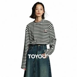 toyouth Women Tees 2023 Winter Lg Sleeve Half High Collar Loose T-shirt Black and White Stripes Casual Warm Outwear Tops w5T0#