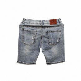 2022 Nostalgic Boys' Retro Denim Short European American Elastic Slim Fit Ripped Holes Denim Mid Pants Streetwear Denim Shorts U7Gc#