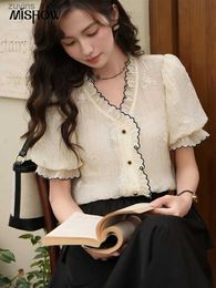 Women's T-Shirt MISHOW Womens Tops 2023 Summer French Elegant Puff Sleeve V-Neck Embroidery Lace Elegant Single Breasted Blouses MXC33X001224329