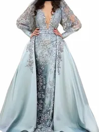 flavinke Luxury Blue Lace Appliques V-Neck Evening Dres Lg Sleeves Satin Women Prom Dr Saudi Arabia Wedding Party Gown r7fs#