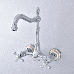 Bathroom Sink Faucets Polished Chrome Brass Wall Mounted Double Cross Handles Kitchen Faucet Mixer Tap Swivel Spout Lsf767
