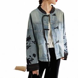 new Chinese Style Stand Collar Denim Jackets 2024 Spring Embroidery Coat Women Y2k E-Girl Lg Sleeve Loose Tops Mujer Z8jo#