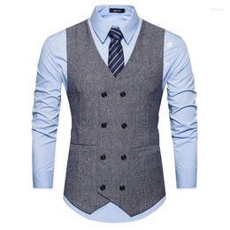 Men's Vests Retro Herringbone Vest Fashion V Neck Double Breasted Tweed Real Pocket Suit British Casual Vintage Gentleman Leisure