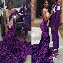 Fabulous grape mermaid Evening Dresses for black girl diamond sequins Prom dress African illusion crystal dresses for special occasion