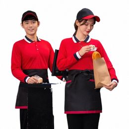 t-shirt Catering Waiter Workwear Lg Sleeve Autumn Print Embroidery Men's and Women's Hot Pot Restaurant Fast F 000T#