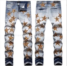 Men's Jeans Cross-Border Sourcing European And American Embroidered Ripped Jeans Men's AM Trendy Star Leopard Stretch Slim Skinny Pants