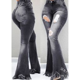 Full Length Denim Flare Capris Pants Pocket Holes Bell Bottom Trousers Boot Cut Ruffle Denim Pants Women Flare Jeans 240319
