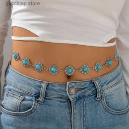 Waist Chain Belts Retro floral turquoise chain belt silver metal belt Western style jewelry womens dress jeans Y240329