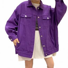 purple Jeans Jacket Women Spring Autumn Casual Loose Lapel Lg Sleeve Denim Jacket b8Sk#