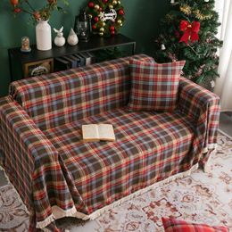 Chair Covers Christmas Decorate Sofa Cover Towel Vintage Red Green Plaid Multifunctional Tassel 3 Seater Sitting Cushion