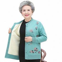 plus 4XL Women Floral Printing Knitting Cardigan Coat Mother's Single-Breasted Slim Sweater Grandma Winter Plush Warm Clothing C9Jm#