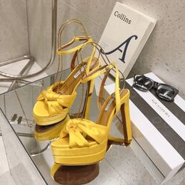 Luxury Designer Women High-heeled Shoe Cupid Knotted Satin Platform Sandals Ankle Strap Block Heel wedding shoes factory footwear