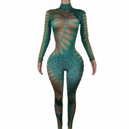 woman Green Rhinestes Jumpsuit Nightclub Dancer Prom Performance Celebrate Outfit Evening Birthday Party Dres Lvyecao T6U0#