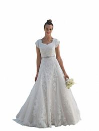 vintage Lace Tulle A-line Modest Wedding Dres Cap Sleeves Beaded Appliques Square Collar Neck Bridal Gowns Vestidos De Noiva Q6O3#