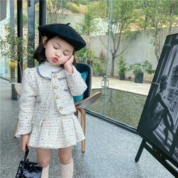 3308E Girls Clothing Set Sweet Suit Autumn Little Fragrant Wind Girl Two Piece Suit Knitted Coat Pleated Skirt 240307