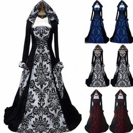 women Gothic Dr Lg Sleeve Retro Printing Cloak Dr Solid Colors Vintage Hooded Party Witch Dr Festival Cosplay Costume S8ET#