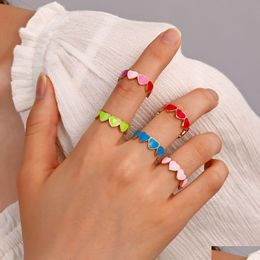 Band Rings Korean Fashion Sweet Candy Colour Girls Red Pink Enamelled Love Heart Size Finger Ring Women Female Jewellery Drop Delivery Dh53W