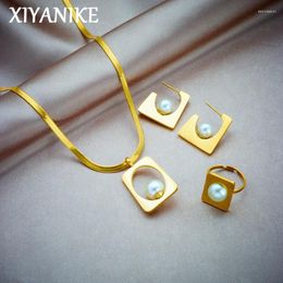 Necklace Earrings Set XIYANIKE Pearl Inlay Light Luxury Jewellery Ring Neck Chain 3pcs For Women Girls Trend Accessories