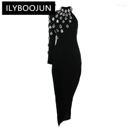 Casual Dresses ILYBOOJUN Patchwork Diamonds Designer For Women Stand Collar Long Sleeve Temperament Slimming Dress Female Fashion