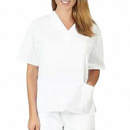 short Sleeve Solid Nurse Uniform V-Neck Beauty Sal Overalls Clinic Carer Healthcare Tunic Women Patchwork Pocket Scrub Tops u76c#