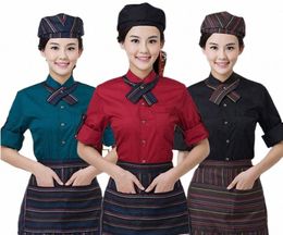 coffee House Server Lg Sleeve Work Shirt+Apr+Tie Sets Women and Men Hotel Cafeteria Uniform Cheap Hotpot Waiter Clothing R13S#