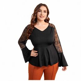 plus Size Elegant Fi Peplum Blouse Women Lg Bell Sleeve Lace Patchwork Spring Work Office Top T-shirt Large Size 6XL 7XL I8AW#