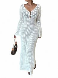 tossy White Knit Fi Cover up Maxi Dr Female See-Through V-Neck Hollow Out Beach Holiday Dr Knitwear Backl Dr n1ti#