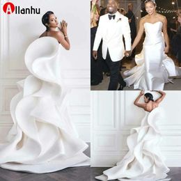 NEW Cheap Ruffles White Dresses Sweetheart Sweep Train Tiered Skirts Satin Mermaid Wedding Gowns African Plus Size Bridal Dress