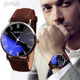 Wristwatches New 2023 Geneva Men Watch Roman Numerals Blu-Ray Faux Leather Band Quartz Analogue Business Wrist Watch Sale Relogio Masculino 24329