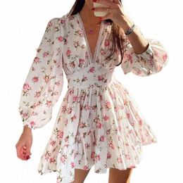 new Fi Womens Floral Print Mini Dr Summer Lg Sleeve Deep V Neck High Waist A-Line Dr Street Style Hot Sale S-XL a8VD#